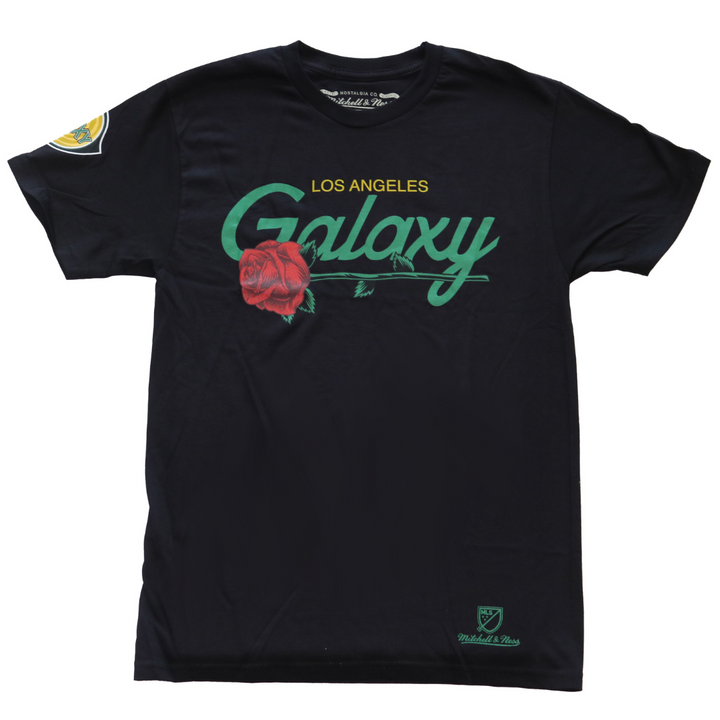 LA Galaxy 2023 Mitchell & Ness Rose Script Black T-Shirt