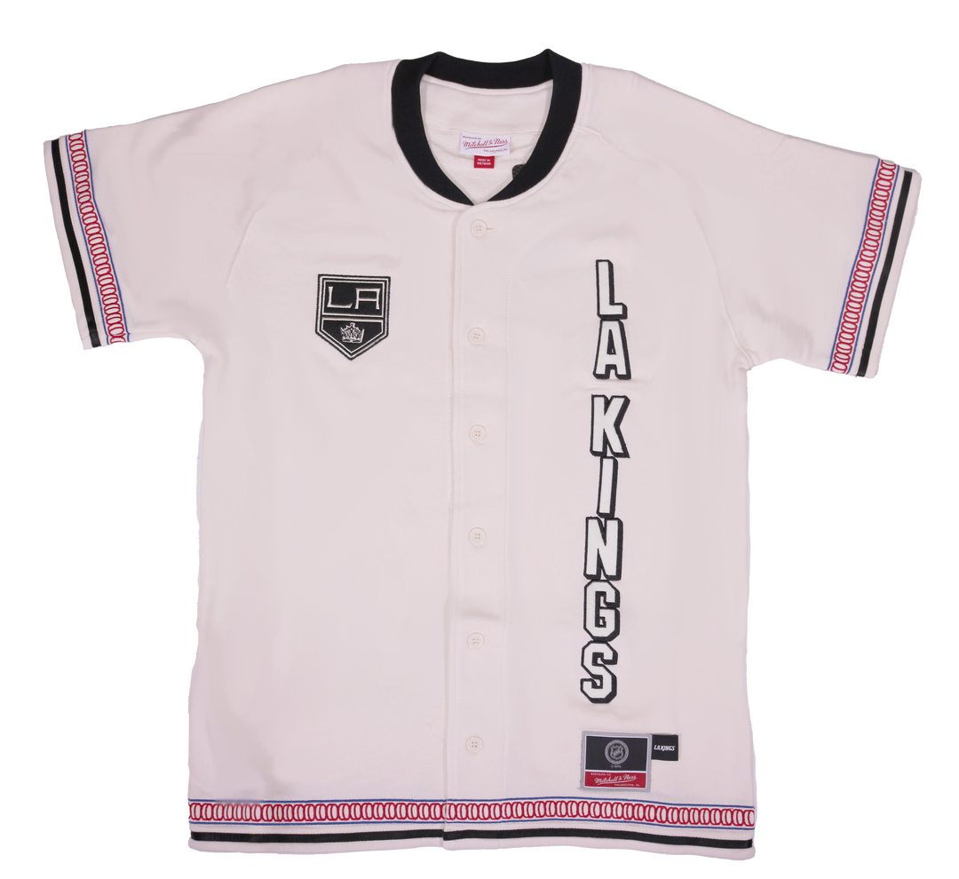 LA Kings Mitchell & Ness Dune Shield Logo Cream Button Warm-Up T-Shirt