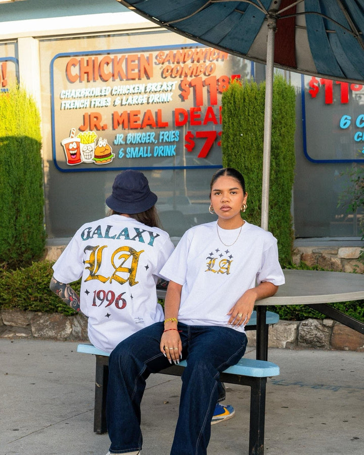 LA GALAXY 2024 CULTURE KINGS MITCHELL & NESS LA WORDMARK 1996 WHITE T-SHIRT