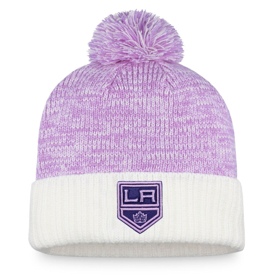 LA Kings 2022 Fanatics White & Purple Hockey Fights Cancer Shield Cuffed Knit Pom Hat