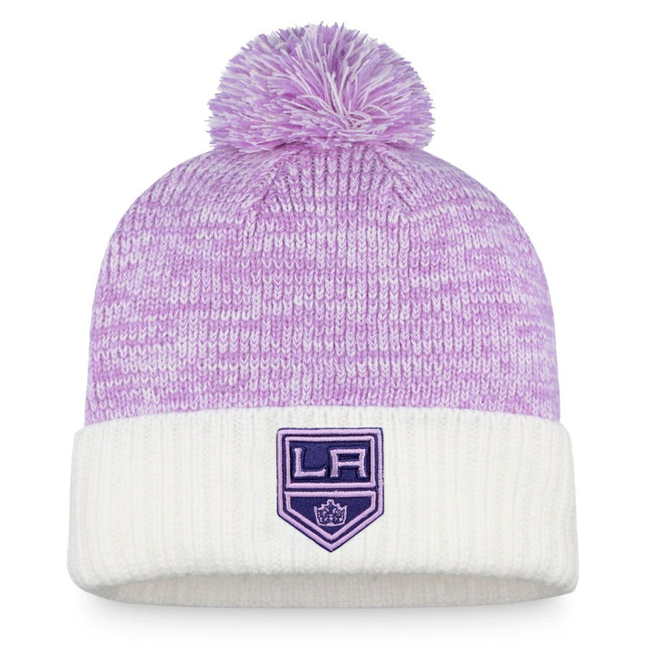 LA Kings 2022 Fanatics White & Purple Hockey Fights Cancer Shield Cuffed Knit Pom Hat