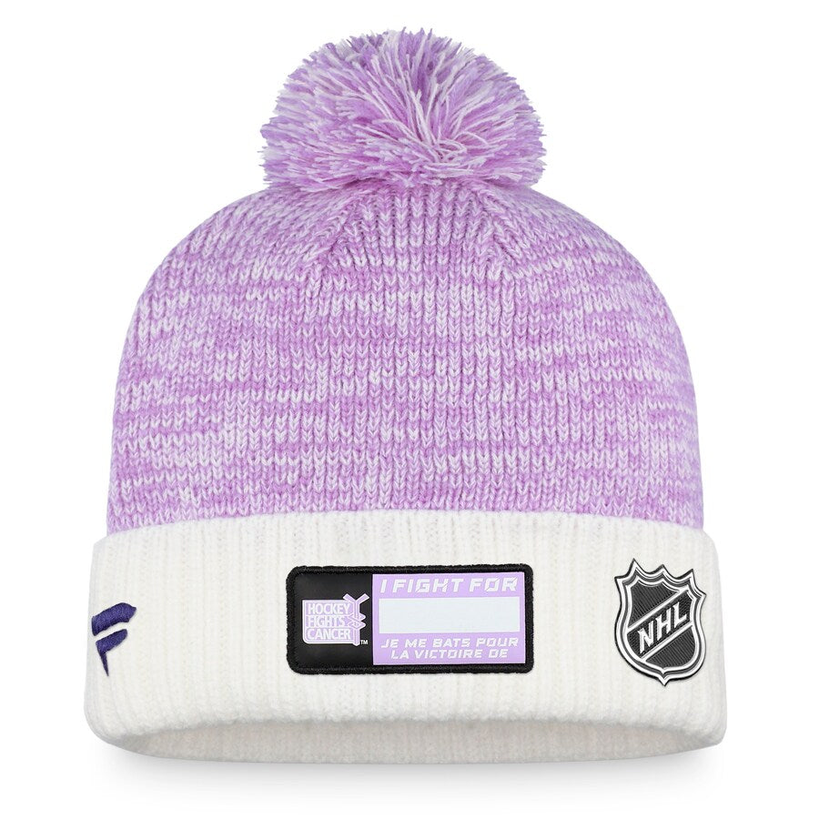 LA Kings 2022 Fanatics White & Purple Hockey Fights Cancer Shield Cuffed Knit Pom Hat