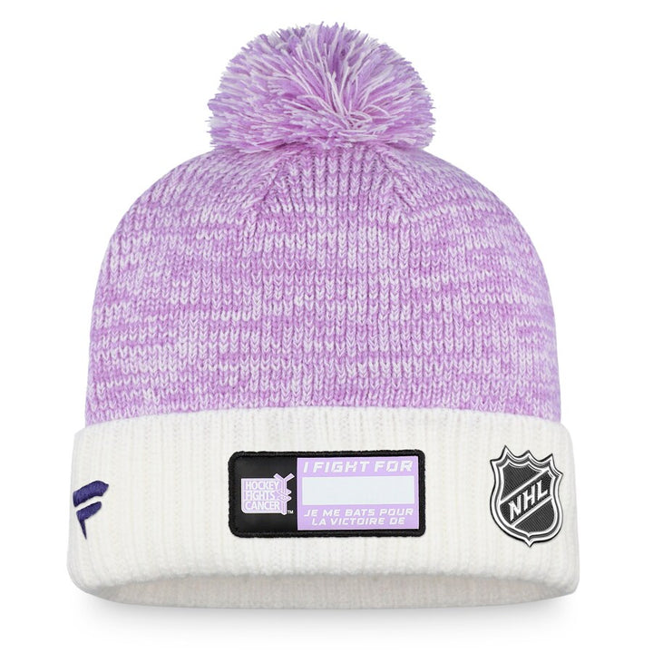 LA Kings 2022 Fanatics White & Purple Hockey Fights Cancer Shield Cuffed Knit Pom Hat