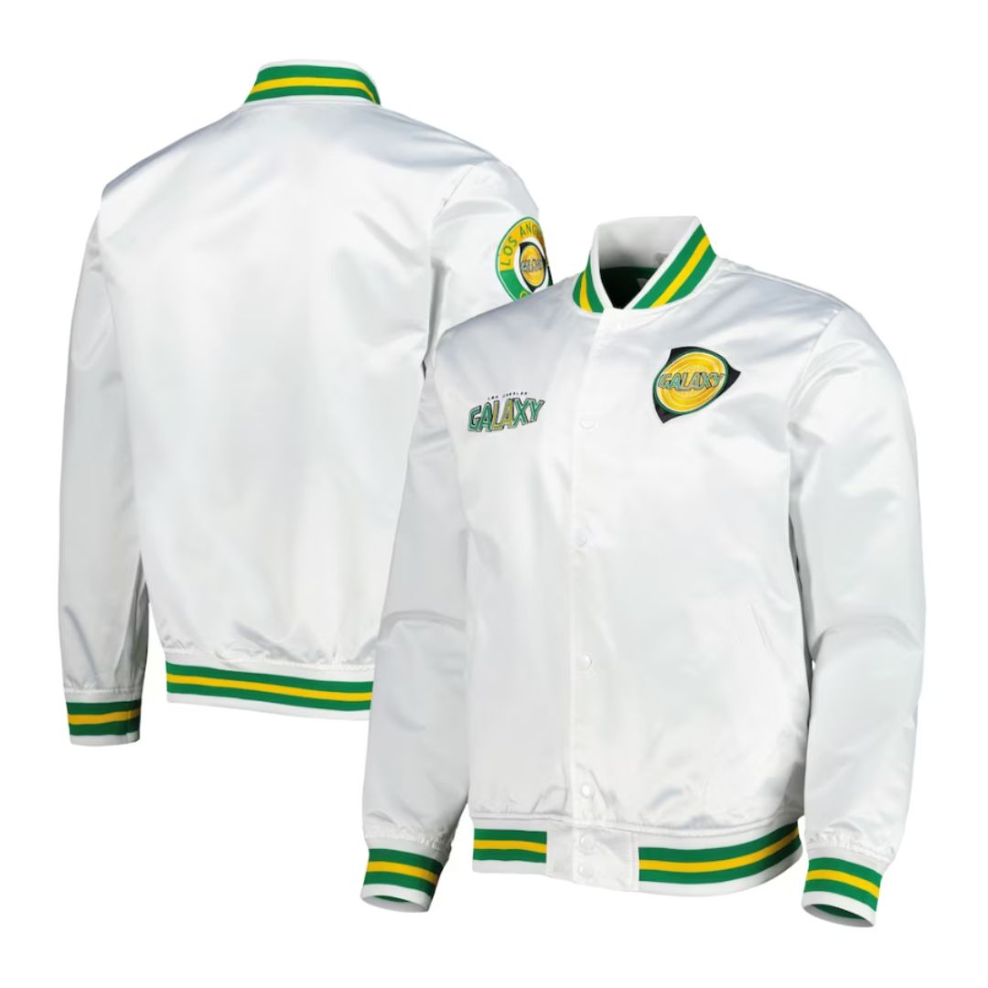 LA Galaxy 2023 Mitchell & Ness Hometown Lightweight White Satin Jacket