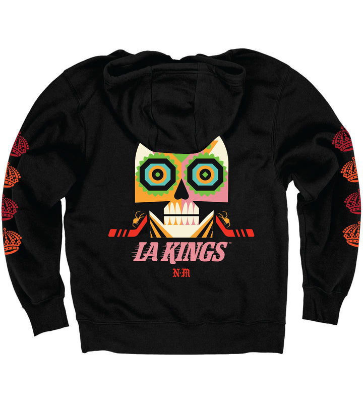 LA Kings 2024 Dia de Muerto Hoodie. This is the back of the hoodie, featuring a traditional day of the dead skeleton skull, scorpions, and Los Angeles Kings branding