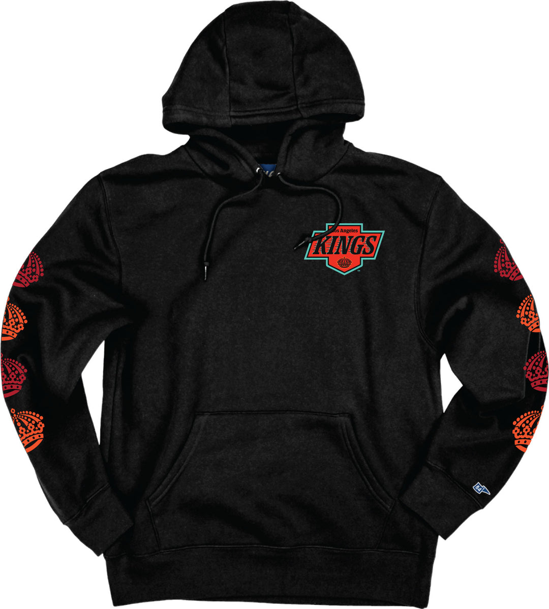 LA Kings 2024 Dia de Muerto Hoodie. This is the front of the hoodie, featuring a red LA Kings logo and four red crowns down both sleeves of the hoodie