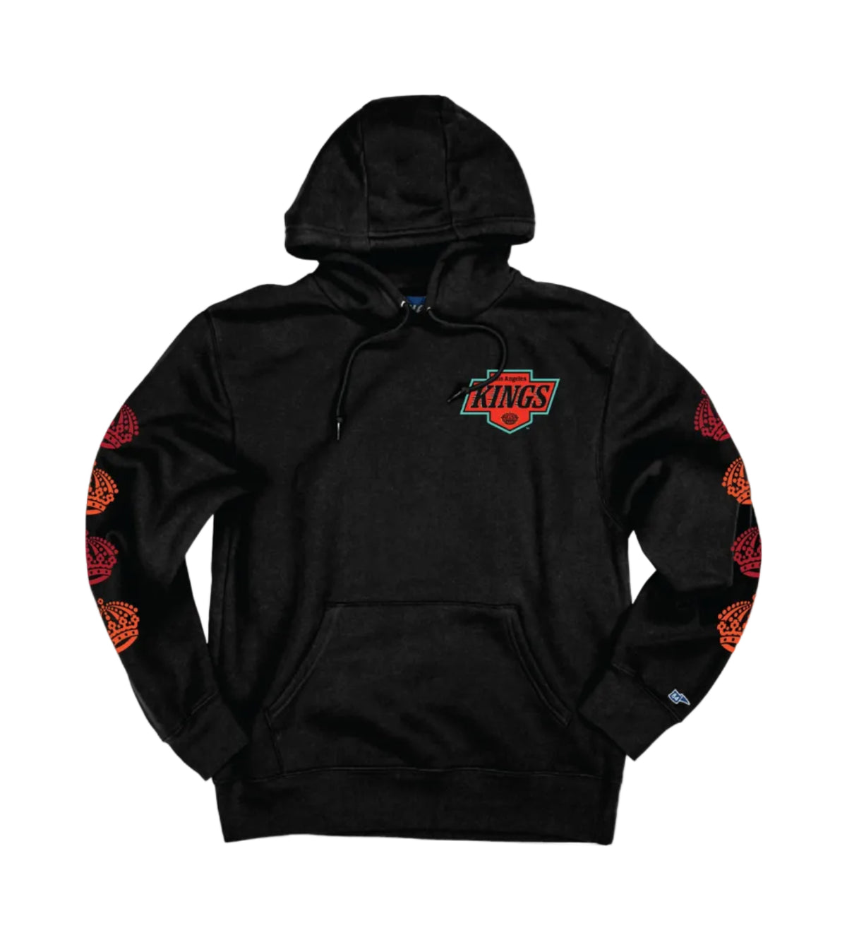 LA Kings 2024 Dia de Muerto Hoodie. This is the front of the hoodie, featuring a red LA Kings logo and four red crowns down both sleeves of the hoodie