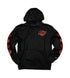 LA Kings 2024 Dia de Muerto Hoodie. This is the front of the hoodie, featuring a red LA Kings logo and four red crowns down both sleeves of the hoodie