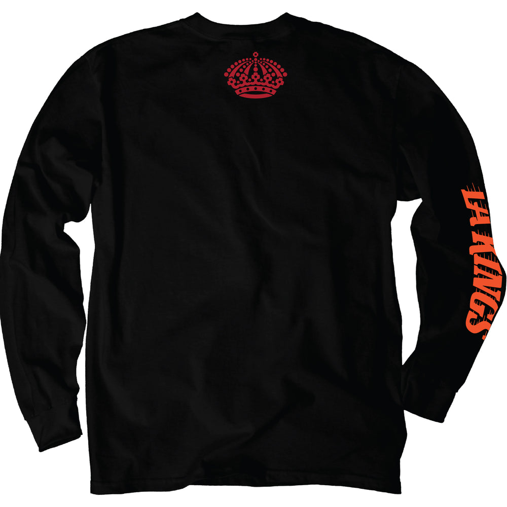 LA Kings 2024 Dia de Muertos Long Sleeve Tee. Black long sleeve shirt with LA KINGS written on the right long sleeve and a red kings crown right below the neck line on the back of the shirt