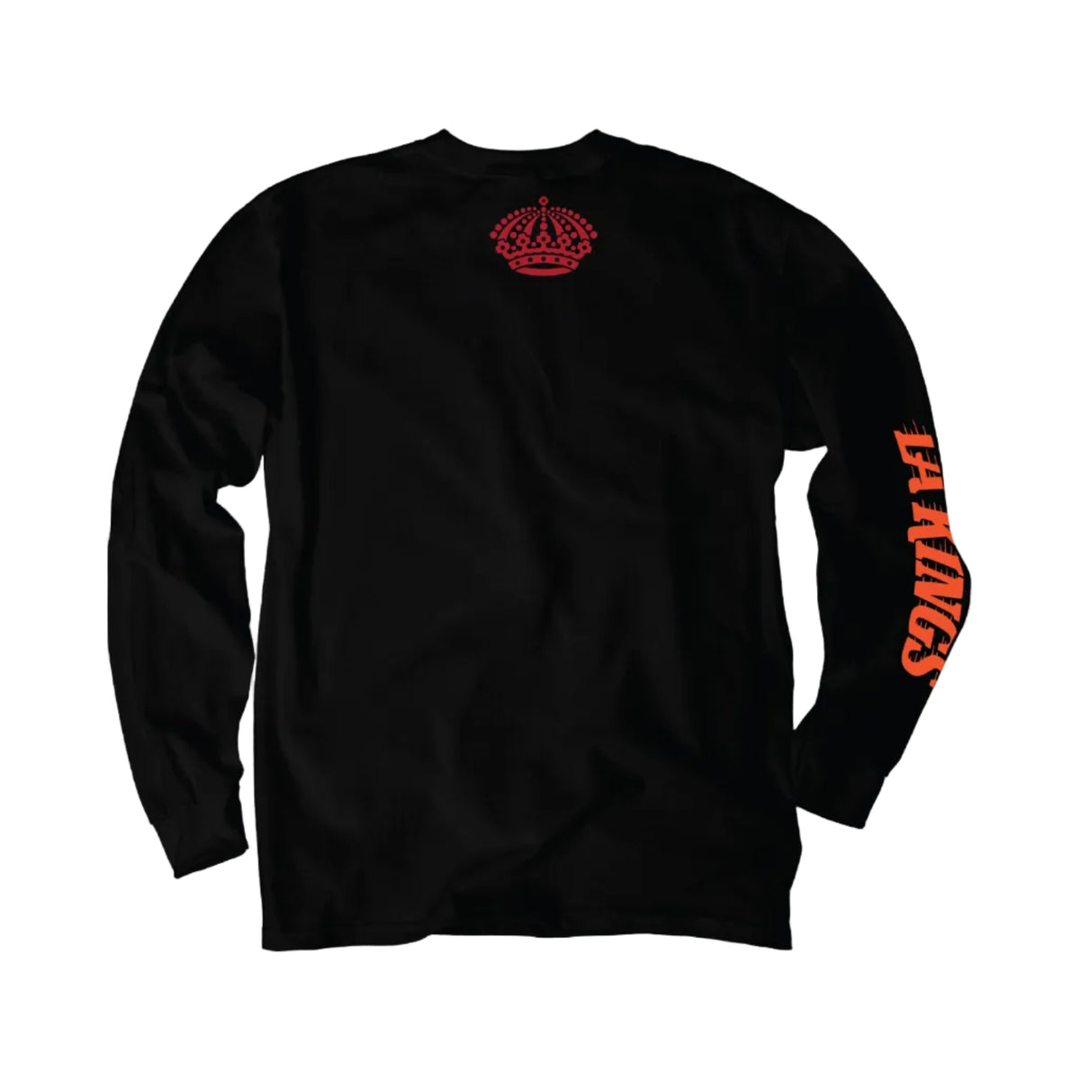 LA Kings 2024 Dia de Muertos Long Sleeve Tee. Black long sleeve shirt with LA KINGS written on the right long sleeve and a red kings crown right below the neck line on the back of the shirt