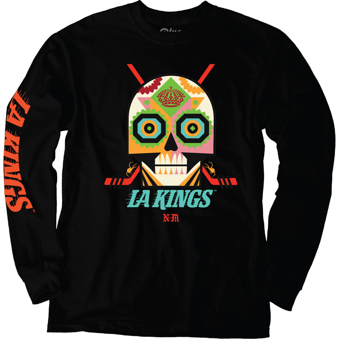 LA Kings 2024 Dia de Muertos Long Sleeve Tee. Black long sleeve shirt with a traditional day of the dead skeleton skull, scorpions, and Los Angeles Kings branding