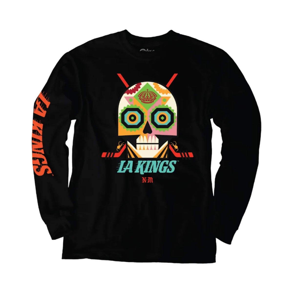 LA Kings 2024 Dia de Muertos Long Sleeve Tee. Black long sleeve shirt with a traditional day of the dead skeleton skull, scorpions, and Los Angeles Kings branding