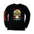 LA Kings 2024 Dia de Muertos Long Sleeve Tee. Black long sleeve shirt with a traditional day of the dead skeleton skull, scorpions, and Los Angeles Kings branding