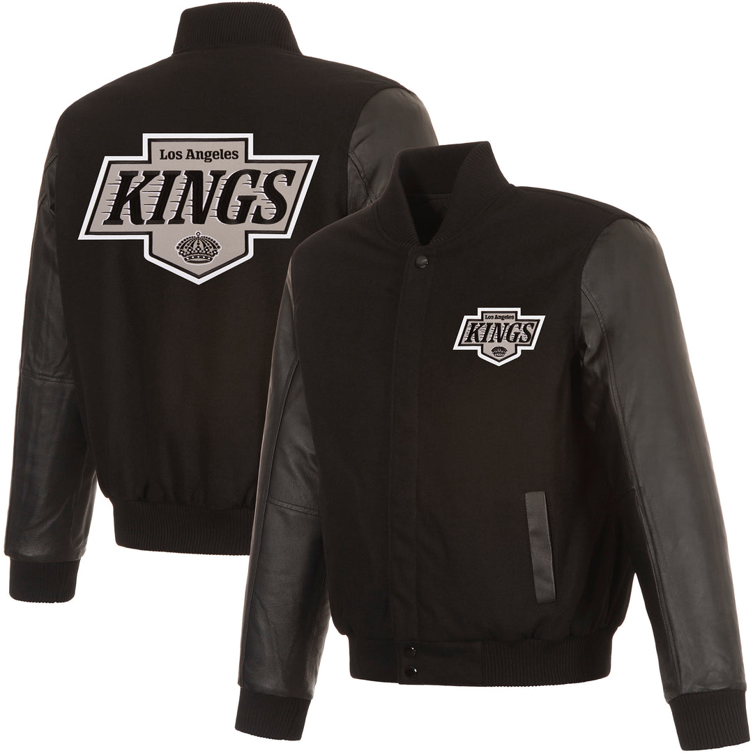 LA Kings JH Design Front Logo Wool and Leather Black Sleeve Jacket