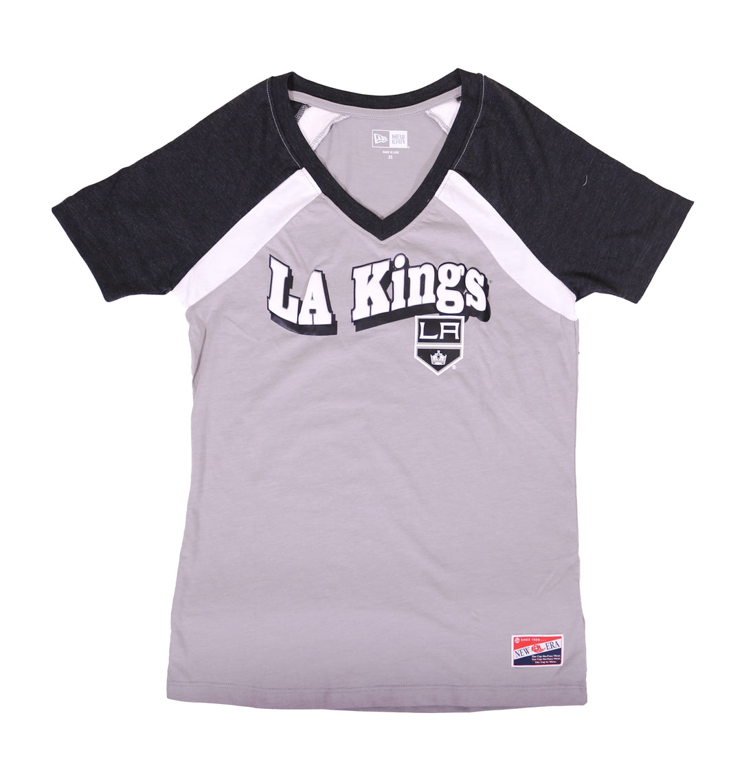 LA Kings Women's New Era Gray Puff Raglan V-Neck T-Shirt