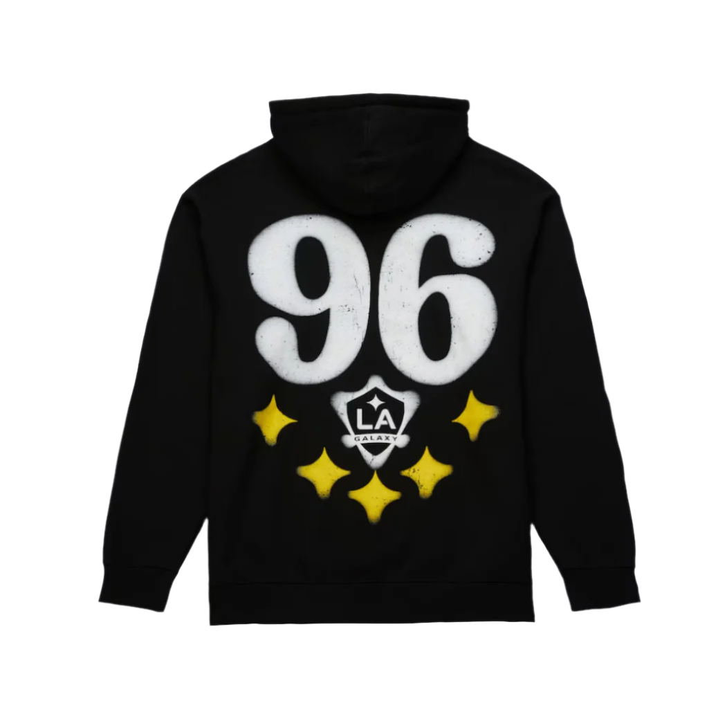 LA GALAXY 2024 CULTURE KINGS MITCHELL & NESS 96 LA SPRAYPAINT BLACK HOODIE