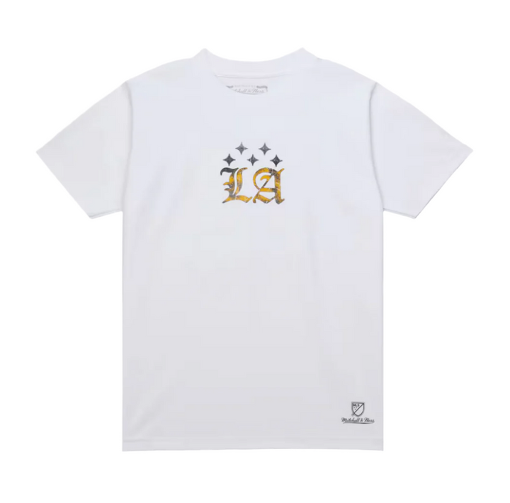 LA GALAXY 2024 CULTURE KINGS MITCHELL & NESS LA WORDMARK 1996 WHITE T-SHIRT